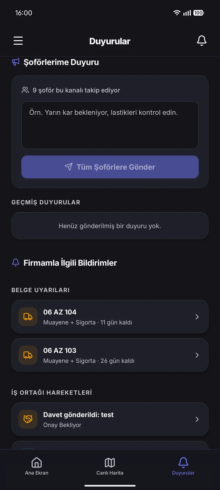 Koordinatör · Duyurular ekranı.