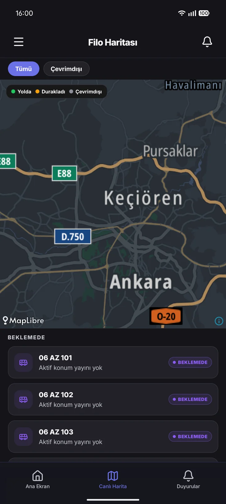 Koordinatör · Filo Haritası ekranı.