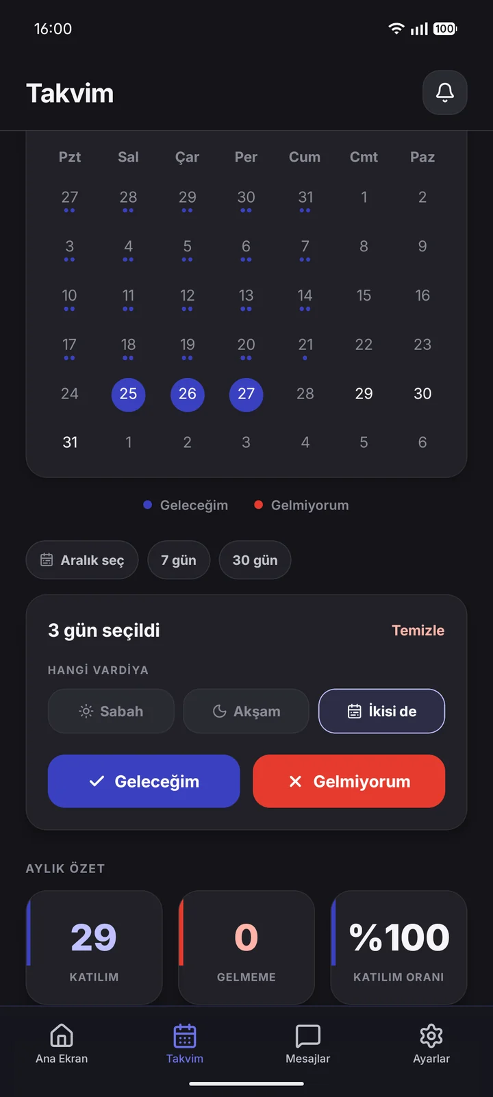 Personel · Takvim ekranı.