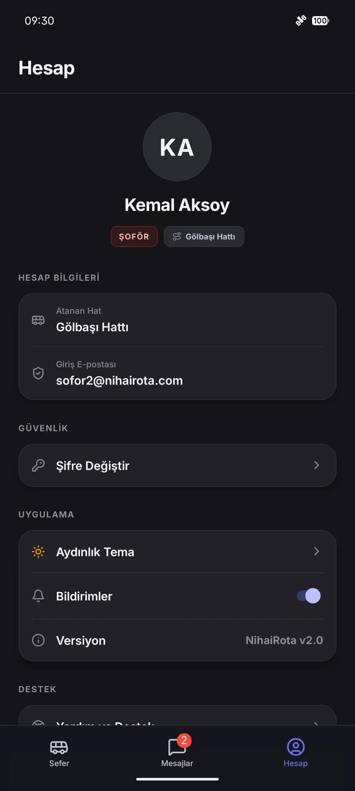 Şoför · Hesap ekranı.
