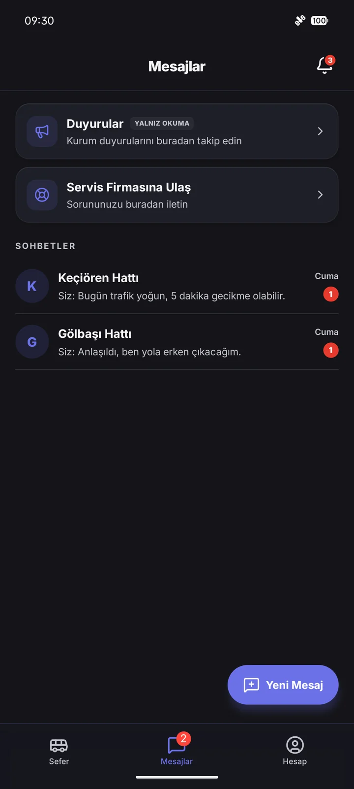 Şoför · Mesajlar ekranı.