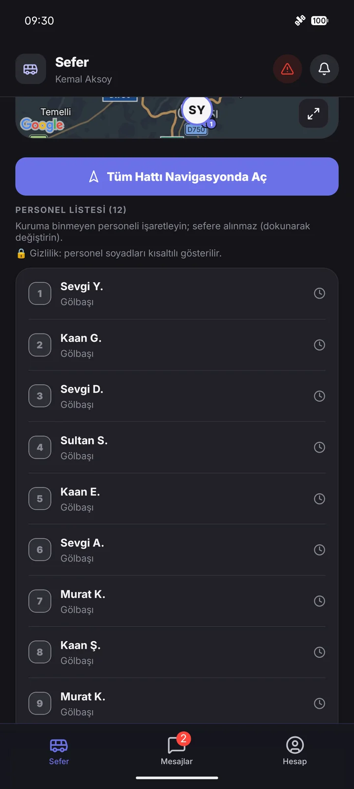 Şoför · Personel Listesi ekranı.