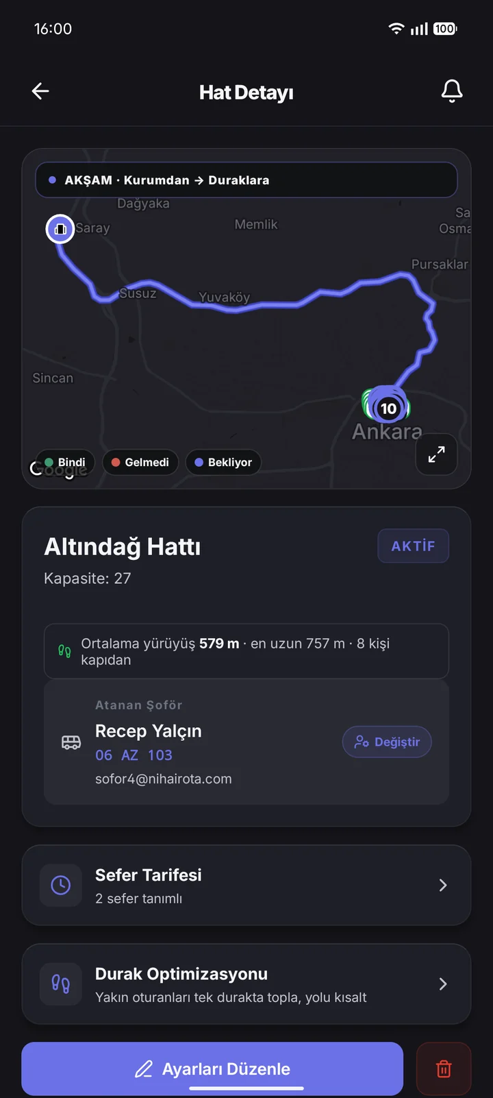 Yönetici · Hat Detayı ekranı.