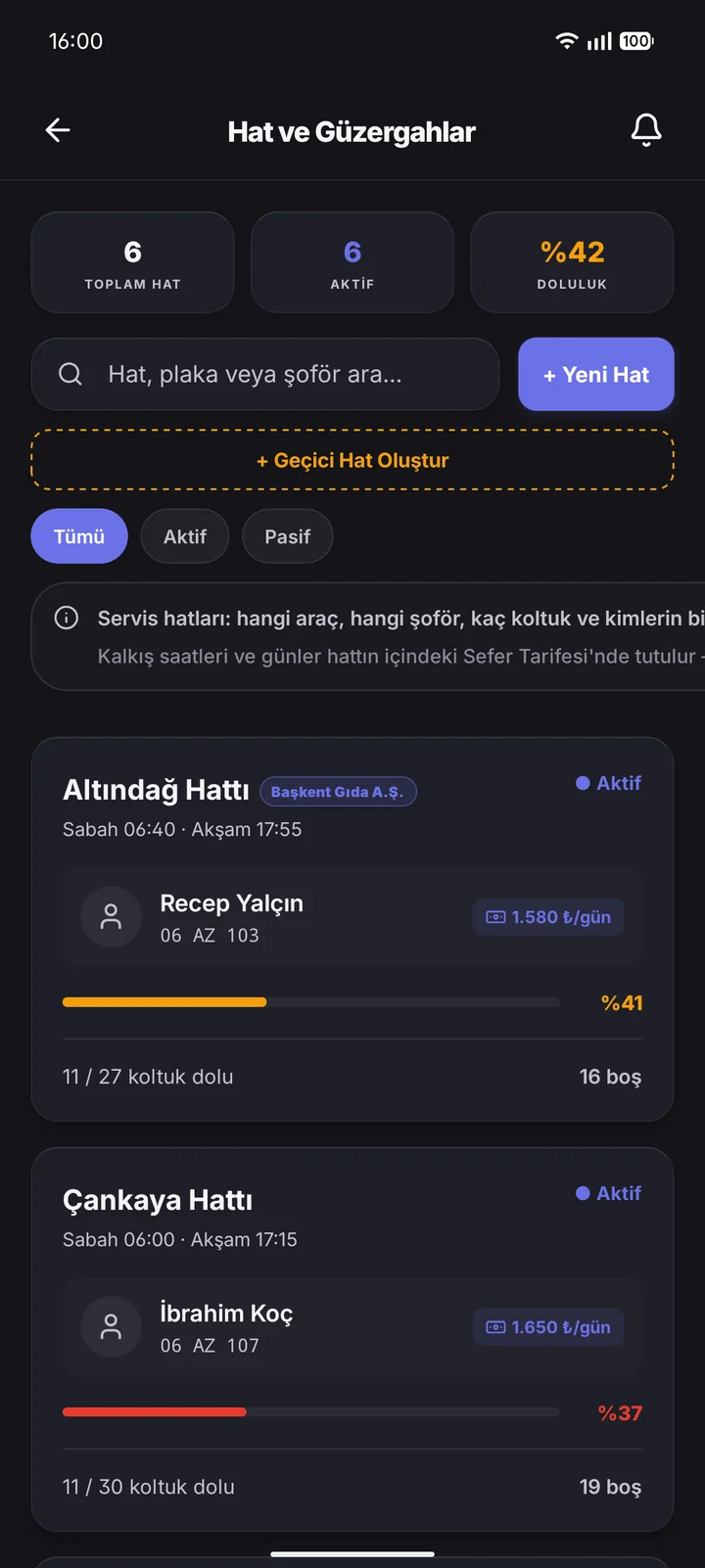 Yönetici · Hat ve Güzergahlar ekranı.