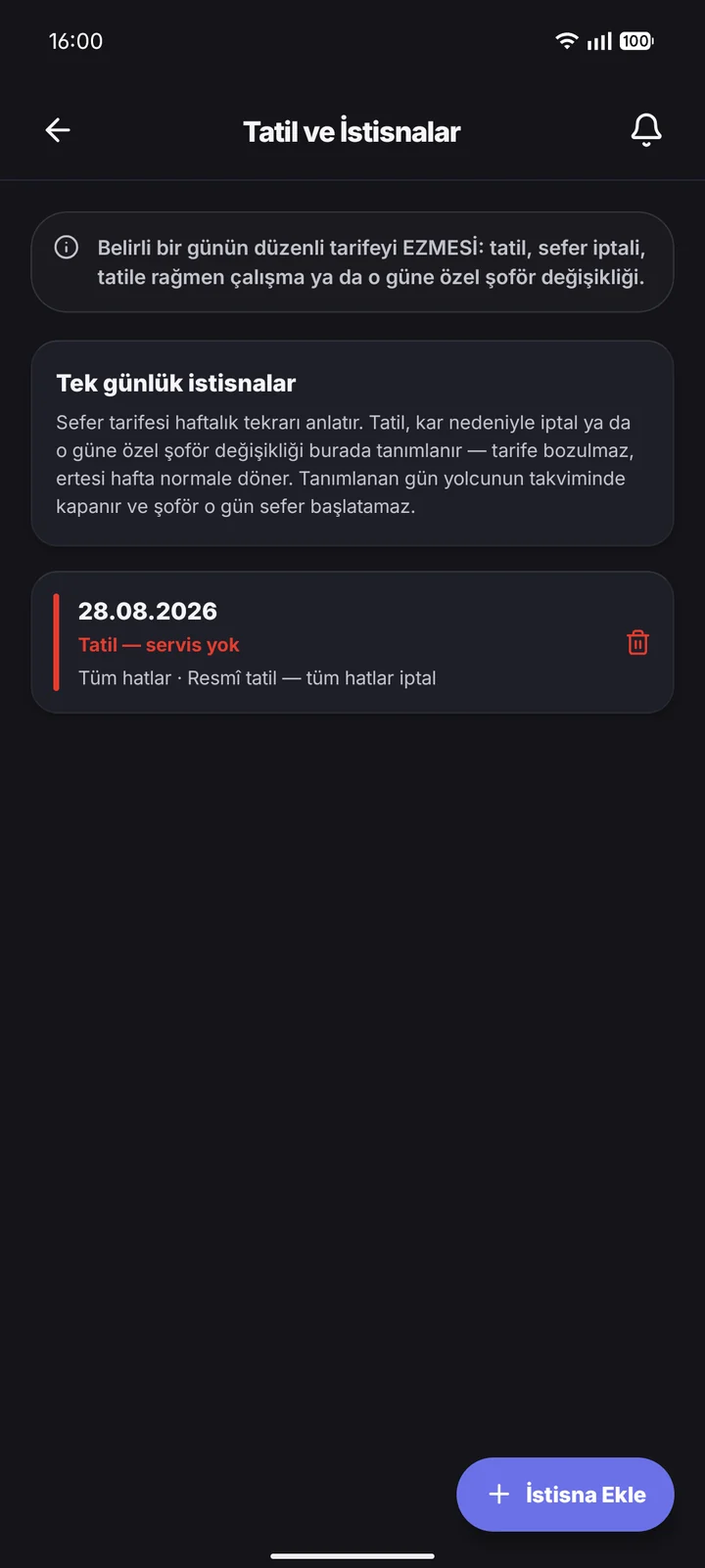 Yönetici · Tatil ve İstisnalar ekranı.