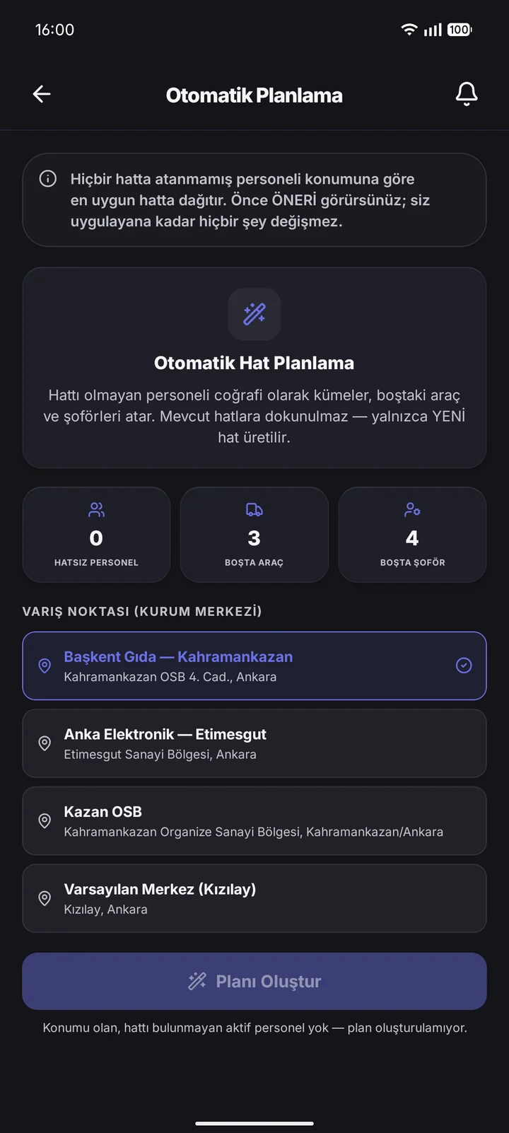 Yönetici · Otomatik Planlama ekranı.