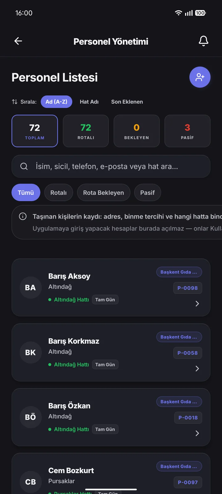 Yönetici · Personel Yönetimi ekranı.