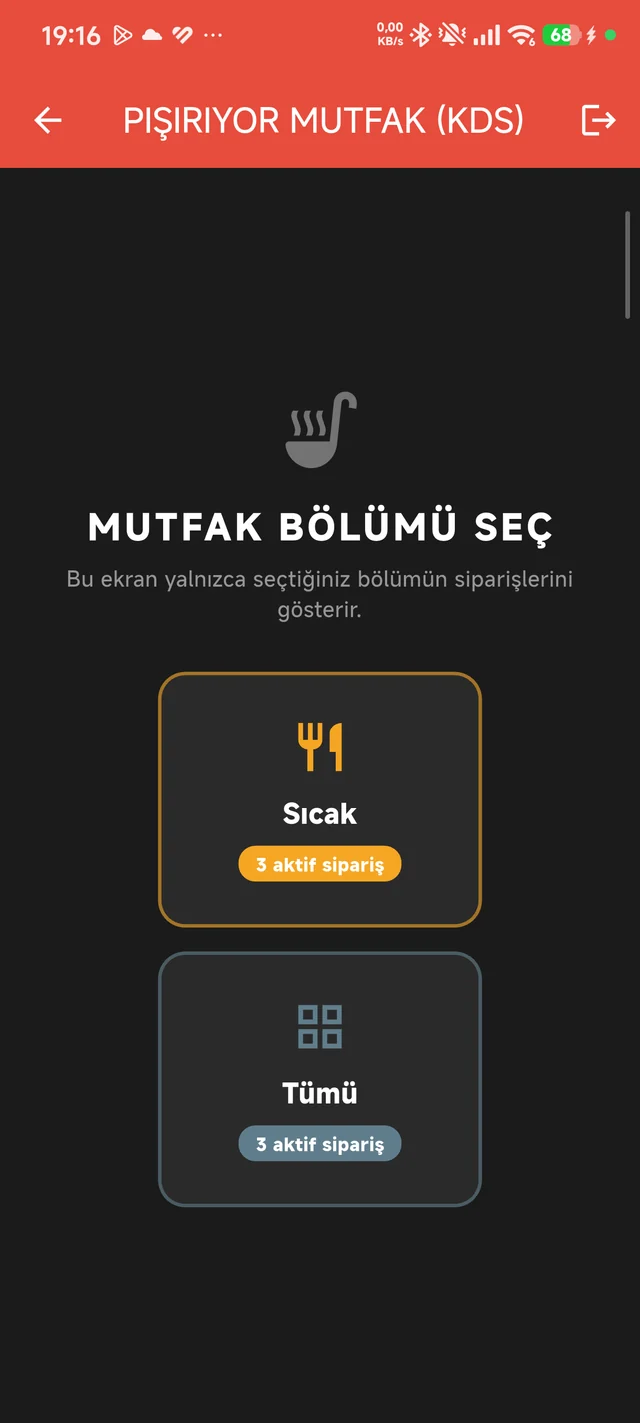 Mutfak · Bölüm seçim ekranı.