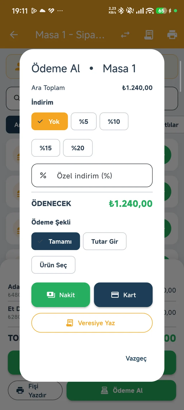 Garson · Ödeme ekranı; nakit, kart ve veresiye seçenekleri.