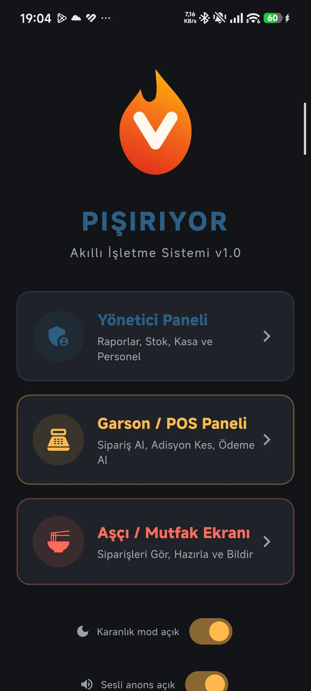 Karanlık modda panel seçim ekranı