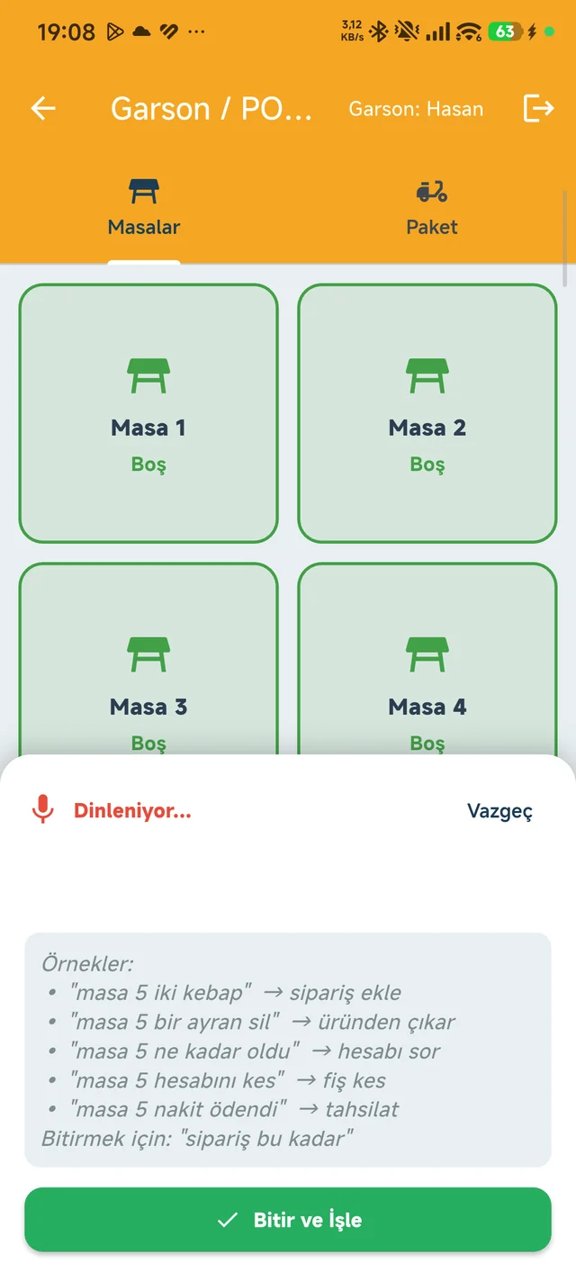 Garson · Sesli sipariş paneli dinleme durumunda.