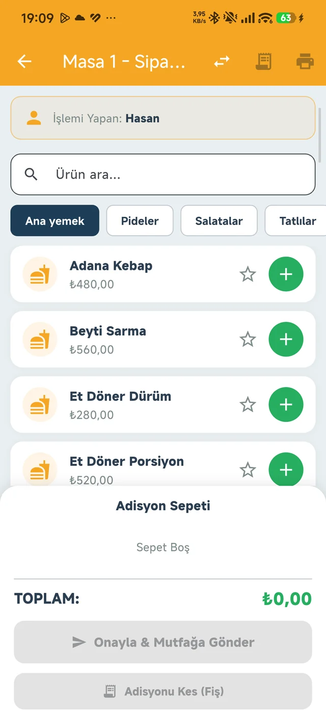 Garson · Sipariş ekranı; kategoriler ve ürün arama.