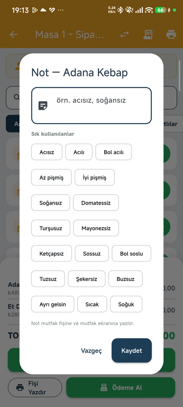 Garson · Ürün notu ekranı; hazır not seçenekleri.