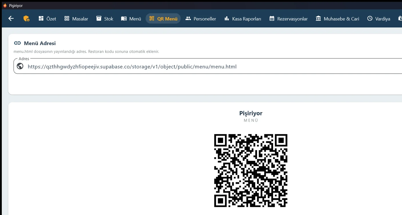 QR menü ekranı; menü adresi ve karekod.