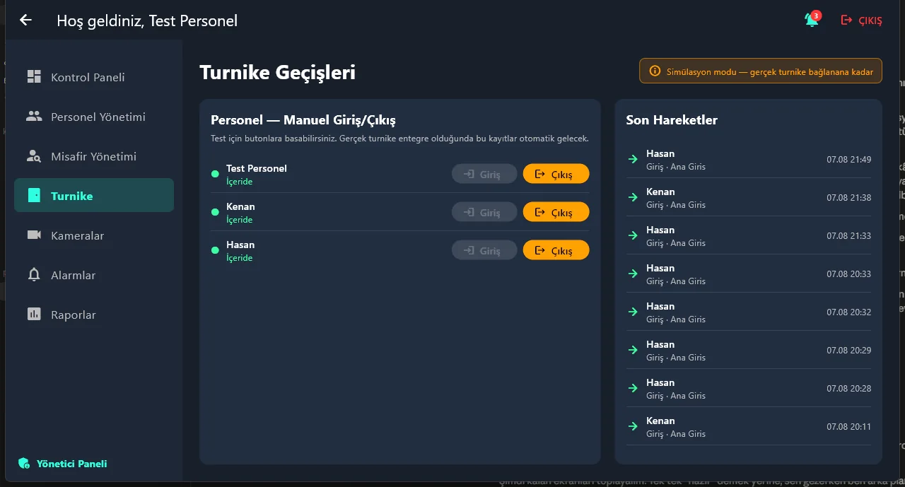 Turnike geçişleri: personel giriş-çıkış düğmeleri ve son hareketler listesi