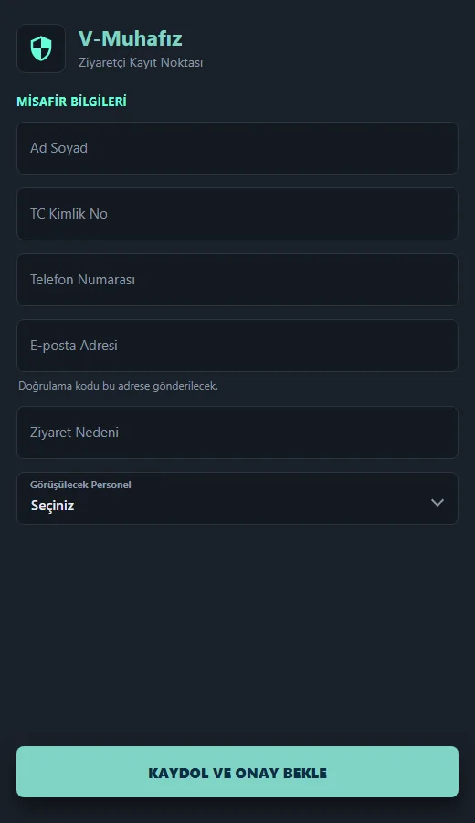 Ziyaretçi kayıt formu: ad soyad, kimlik no, telefon, ziyaret nedeni ve görüşülecek personel alanları
